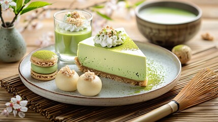Vibrant matcha desserts: cheesecake, parfait, macarons, and mochi, styled elegantly on a wooden table with Japanese tea ceremony elements.
