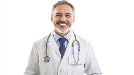 Smiling bearded doctor with stethoscope isolated on white