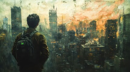 Fototapeta premium Futuristic scientist gazing at apocalyptic cityscape