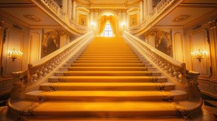 Obraz premium photograph of Luxurious golden staircase draped with a yellow carpet, set against a lavish, upscale interior design with warm, glowing lights. wide angle lens