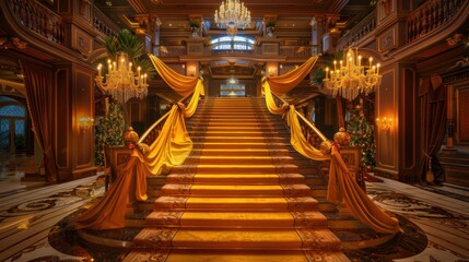 Obraz premium photograph of Luxurious golden staircase draped with a yellow carpet, set against a lavish, upscale interior design with warm, glowing lights. wide angle lens