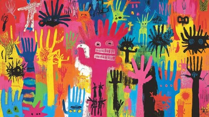 people hands raise up with smile, unique graffiti oil painting artful illustration  with grungy texture, expressive funky graffiti humorous