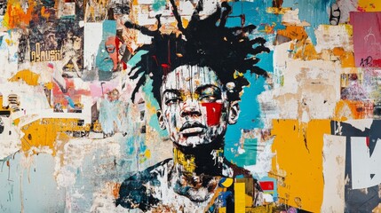 Fototapeta premium a black man with deadlock hairstyle, unique graffiti oil painting artful illustration with grungy texture, expressive funky graffiti humorous