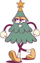 Naklejka premium Retro groovy christmas tree cartoon character