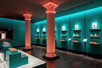 Teal Wall Design with Decorative Columns and Ambient Lighting for Effective Product Showcase