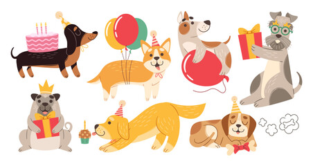 Obraz premium Cute adorable dogs cartoon characters celebrating, congratulating and greeting happy birthday set
