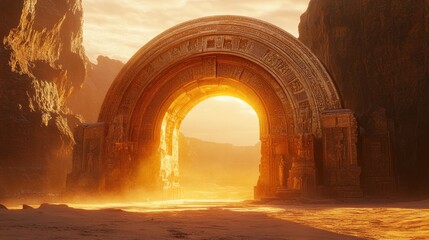 Ancient stone archway in a desert canyon at sunset.