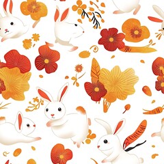 Chinese New Year Tile Seamless Patterns , Playful Rabbits Celebrate Chinese New Year