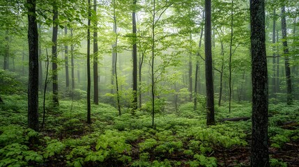 Fototapeta premium A peaceful green forest with dense foliage, tall trees, and a mystical mist rolling through on a calm day. .