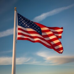 Obraz premium American flag waving against blue sky. US flag waving in the wind for Memorial Day or 4th of July