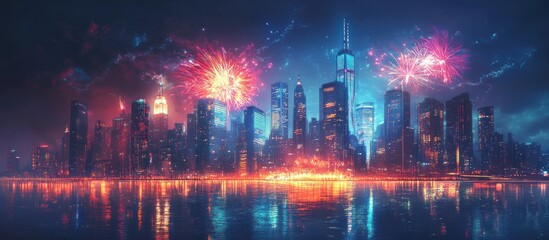 Obraz premium Night cityscape with vibrant fireworks reflecting on water.