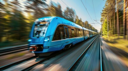 Fototapeta premium photograph of Modern blue hydrogen train driving on railroad tracks,