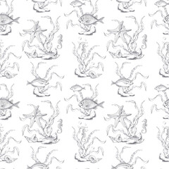 Obraz premium Seamless pattern with fish, seahorses and starfish on white background. Pencil graphic illustration for seafood restaurant design, packaging printing, printing, holiday decoration in marine style