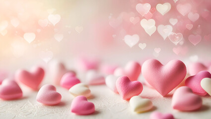 Fototapeta premium Valentine's day background with pink hearts and bokeh. Copy space at the top.