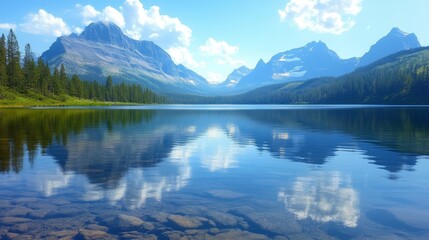 Fototapeta premium Mountain lake reflecting sky and clouds scenic view