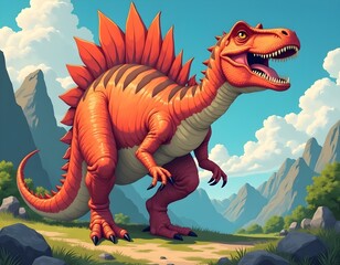 Obraz premium Ferocious Cartoon Dinosaur Roaring in Prehistoric Landscape