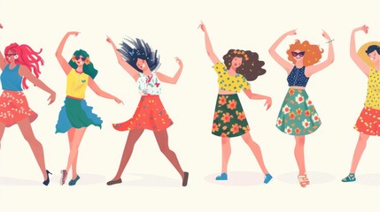A colorful illustration of cheerful women dancing in vibrant outfits, celebrating joy and freedom against a light backdrop.