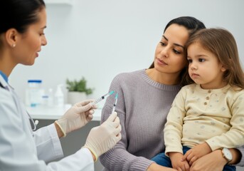 Doctor showing syringes with growth hormone injection to parent for educational purposes. Growth hormone therapy concept. Hispanic mother and little daughter at medical appointment with female doctor.