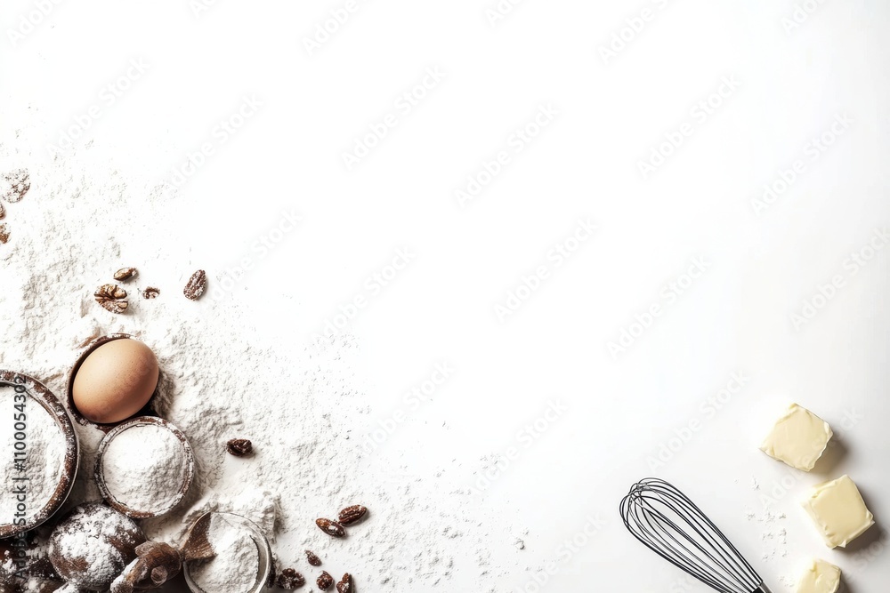 Poster flour, eggs, butter, and a whisk are artistically placed on a white background with blank space for 