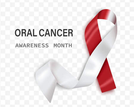 Vector illustration of an oral cancer awareness tape highlighted on a transparent background. Realistic vector red and white silk ribbon with loop