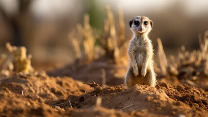 Alert meerkat standing guard in the African savanna. Wildlife and animal portrait.
