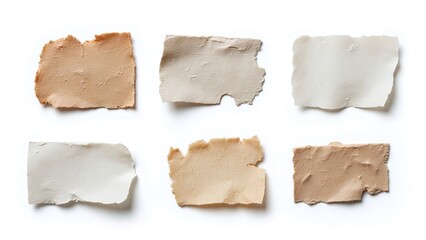 Six distinct paper fragments on plain white background