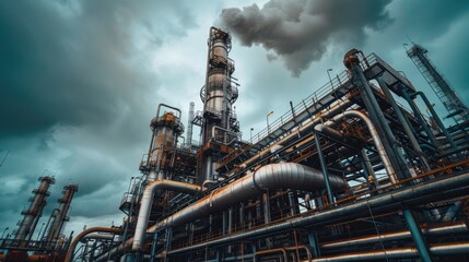 Fototapeta premium photograph of Oil and Gas Industrial refinery zone. The equipment of oil refining, Industrial pipelines of an oil-refinery plant wide angle lens