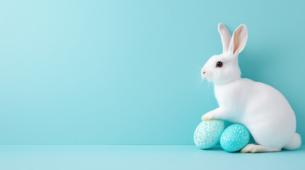 Fototapeta premium White bunny rabbit with easter eggs on light blue background with copy space
