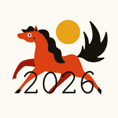 Vector illustration with black hair red horse and 2026 number. New year print design with animal, greeting card template