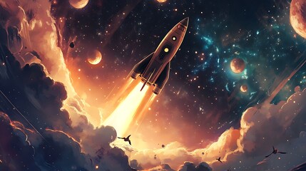 Fototapeta premium Rocket Ascending Through Cosmic Clouds and Planets