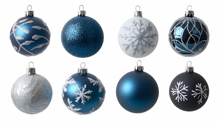 Six elegant Christmas baubles in blue and silver, featuring snowflake and leaf designs, isolated on white.
