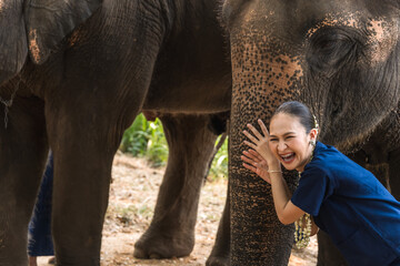 Happy woman in indigo clothing with friendly Asian elephant in animal conservation