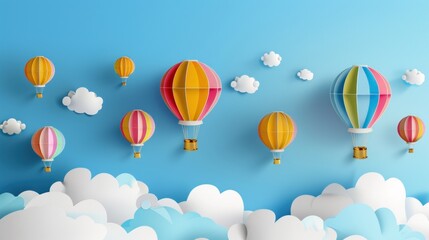 Obraz premium photograph of Paper art style of colorful hot air balloons and cloud on blue sky. Vector illustration wide angle lens