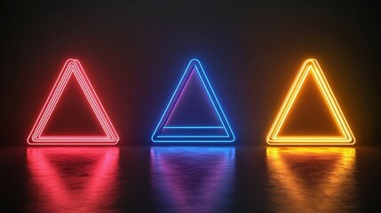 Three glowing neon triangle shapes in vibrant red, blue, and yellow against a reflective dark background.