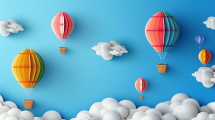 Obraz premium photograph of Paper art style of colorful hot air balloons and cloud on blue sky. Vector illustration wide angle lens