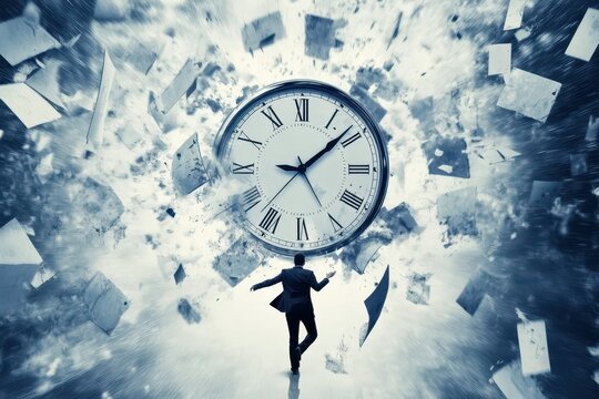 Man stands amidst exploding clock and flying papers, exploring concepts of time and urgency