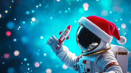 Astronaut with Christmas hat and toy rocket.