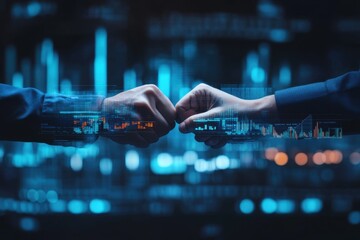 Futuristic Collaboration Concept with Two Hands Fist Bumping Over Digital Financial Data Representation in a High-Tech Business Environment