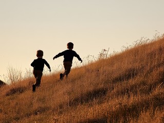 Emotional connection Concept. Two children joyfully running up a grassy hill during sunset, capturing the essence of carefree childhood and outdoor adventure.