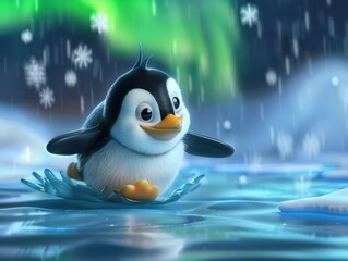 Naklejka premium Cute penguin character sliding on ice arctic wonderland digital art winter wonderland playful theme