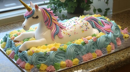 91. A birthday cake with a whimsical unicorn design