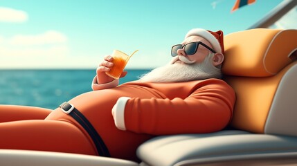 Illustration of a character in Santa costume lounging on a boat with sunglasses, drinking juice under a clear sky and ocean background