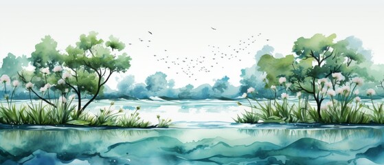 Fototapeta premium Serene Watercolor Landscape for World Water Conservation Day