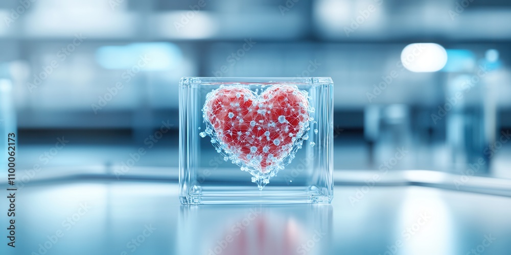 Poster a 3d heart made of colorful particles is encased in a clear box, symbolizing love and science in a m