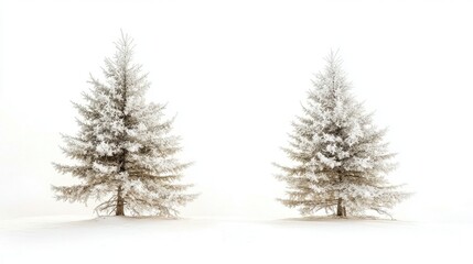 Obraz premium Two snow-covered pine trees on a white isolated background.
