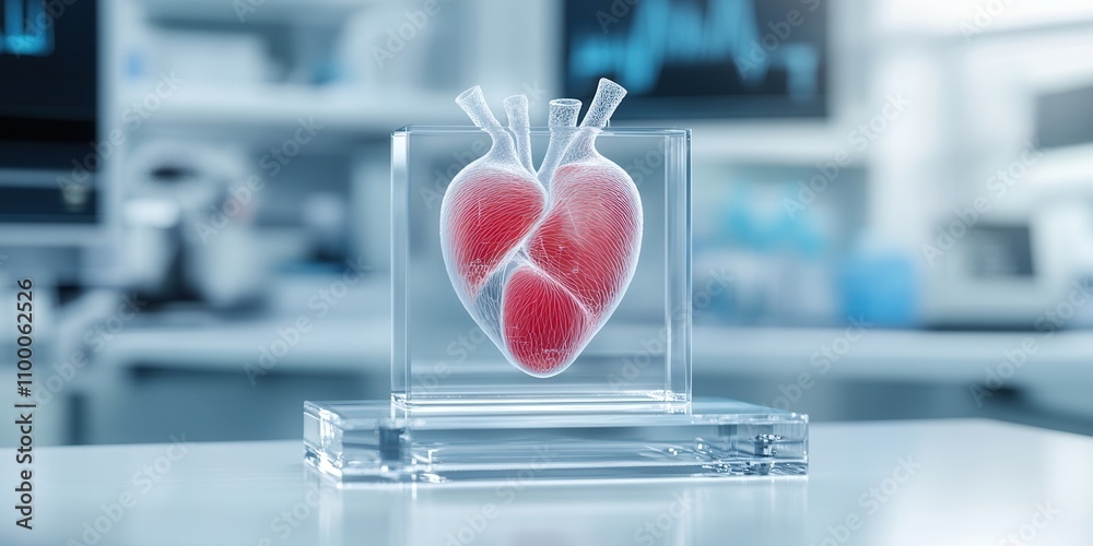 Poster a transparent heart model displayed in a laboratory setting, symbolizing medical research and innova