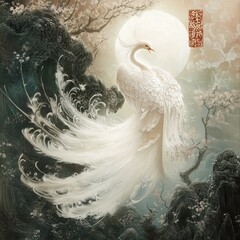 A beautiful painting features a striking white peacock with a long tail