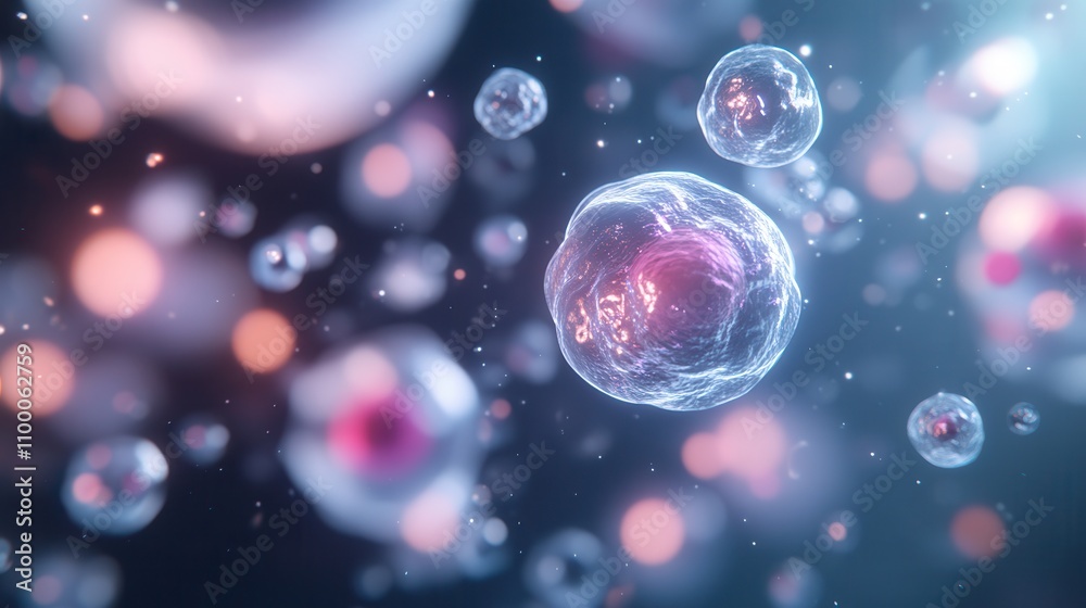 Poster A vibrant depiction of microscopic cells floating in a colorful background, showcasing their intricate structures and biological detail.