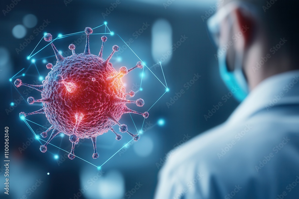 Aufkleber A researcher observes a digital representation of a virus, emphasizing the intersection of science and technology in combating diseases.