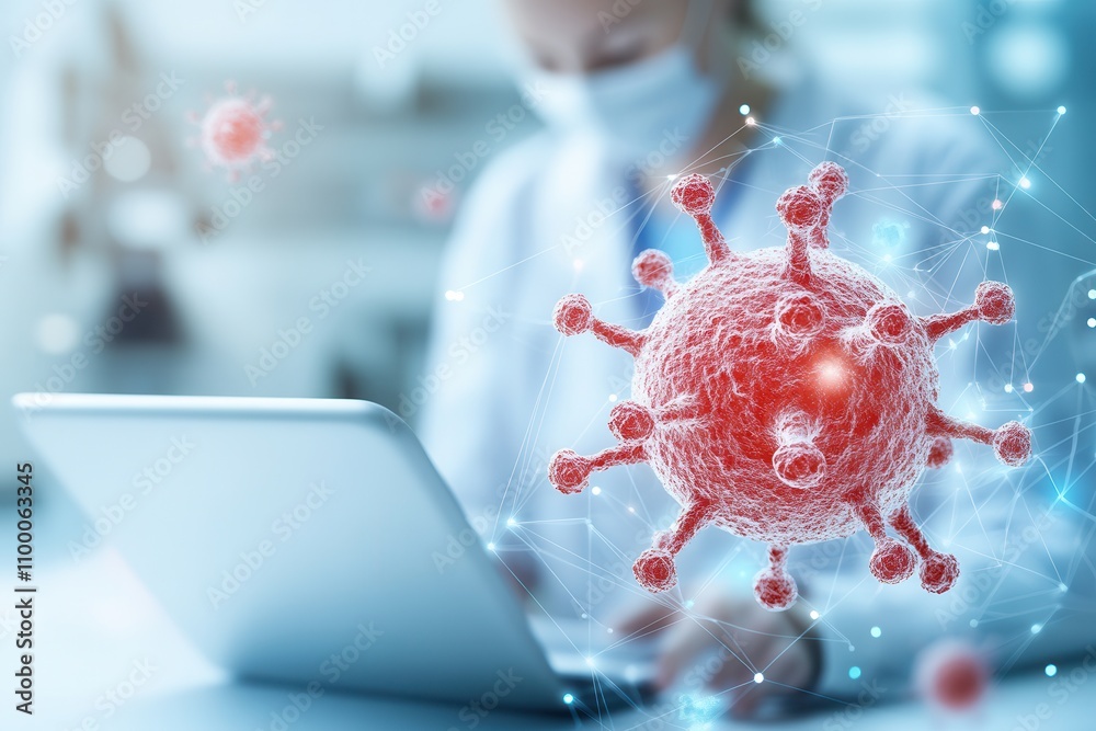 Poster a healthcare professional in a mask studies a computer, with a digital representation of a virus hig